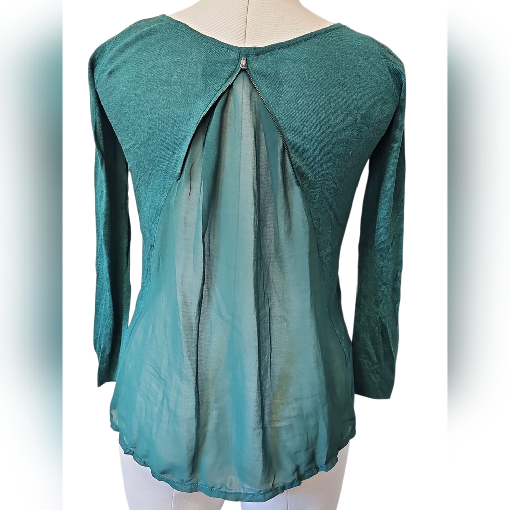 Naf Naf  Teal/Emerald Green - Knit Long Sleeve - Zipper And Sheer Back Size XS